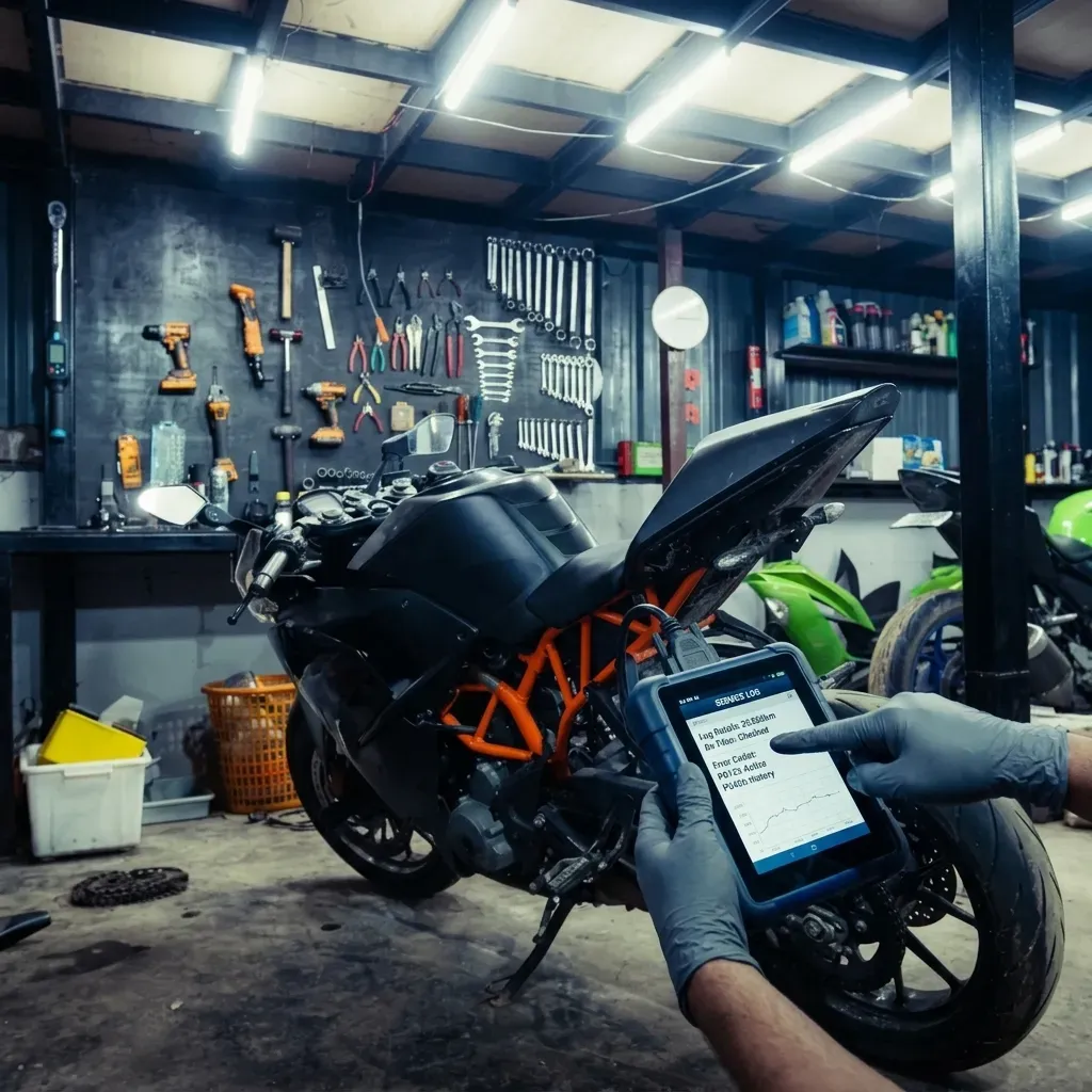 Technician reviewing motorcycle service information beside a high-performance bike