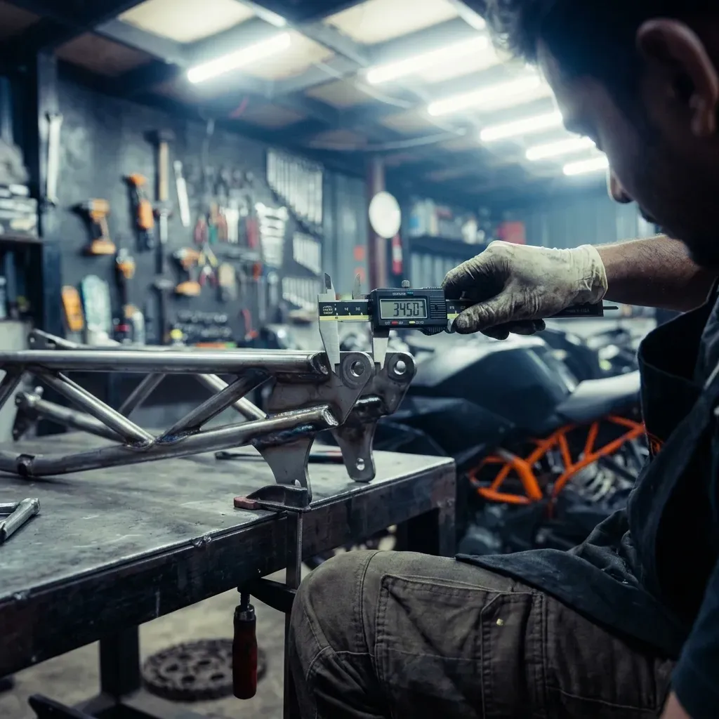 LS Customs technician measuring a motorcycle component