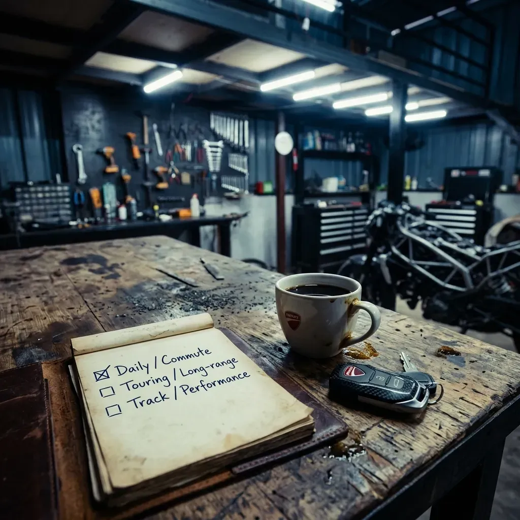 Rider and workshop technician discussing a motorcycle modification brief