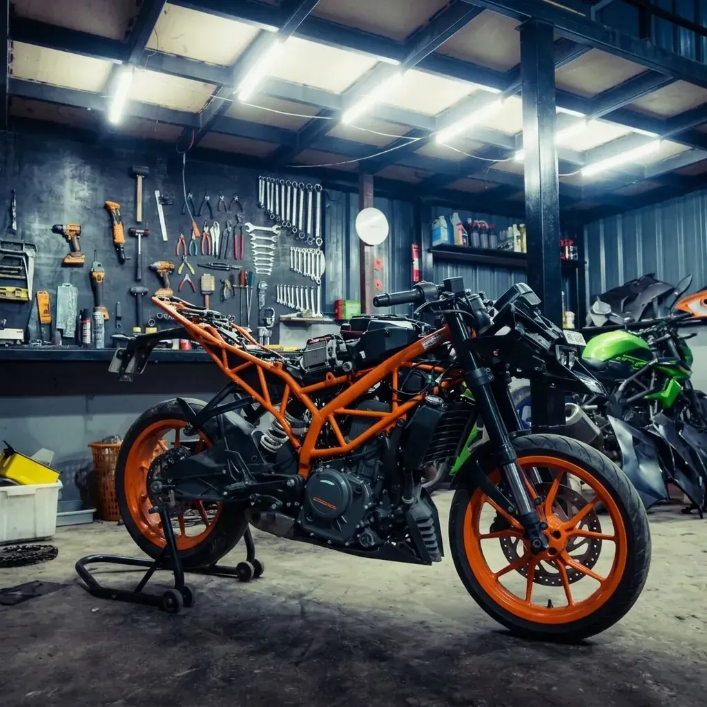 High-performance motorcycle positioned for workshop service at LS Customs