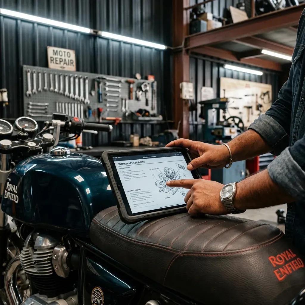 Workshop technician reviewing a motorcycle modification brief and cost scope