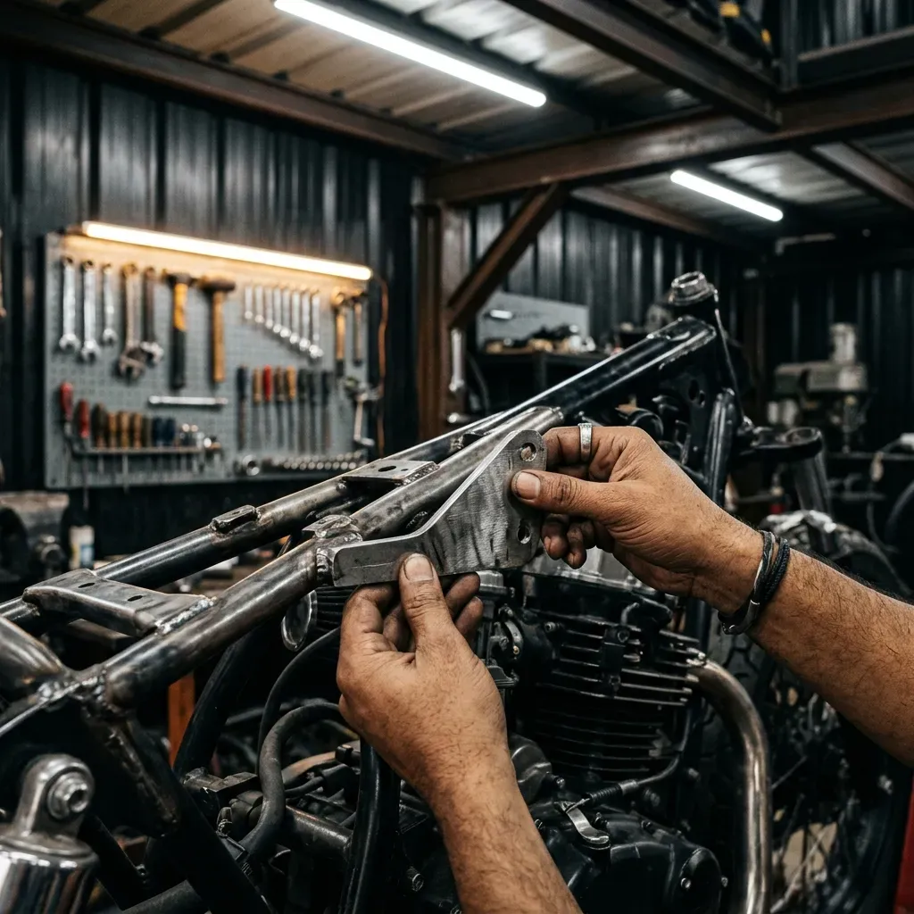Raw metal bracket being checked against a motorcycle during mock-up