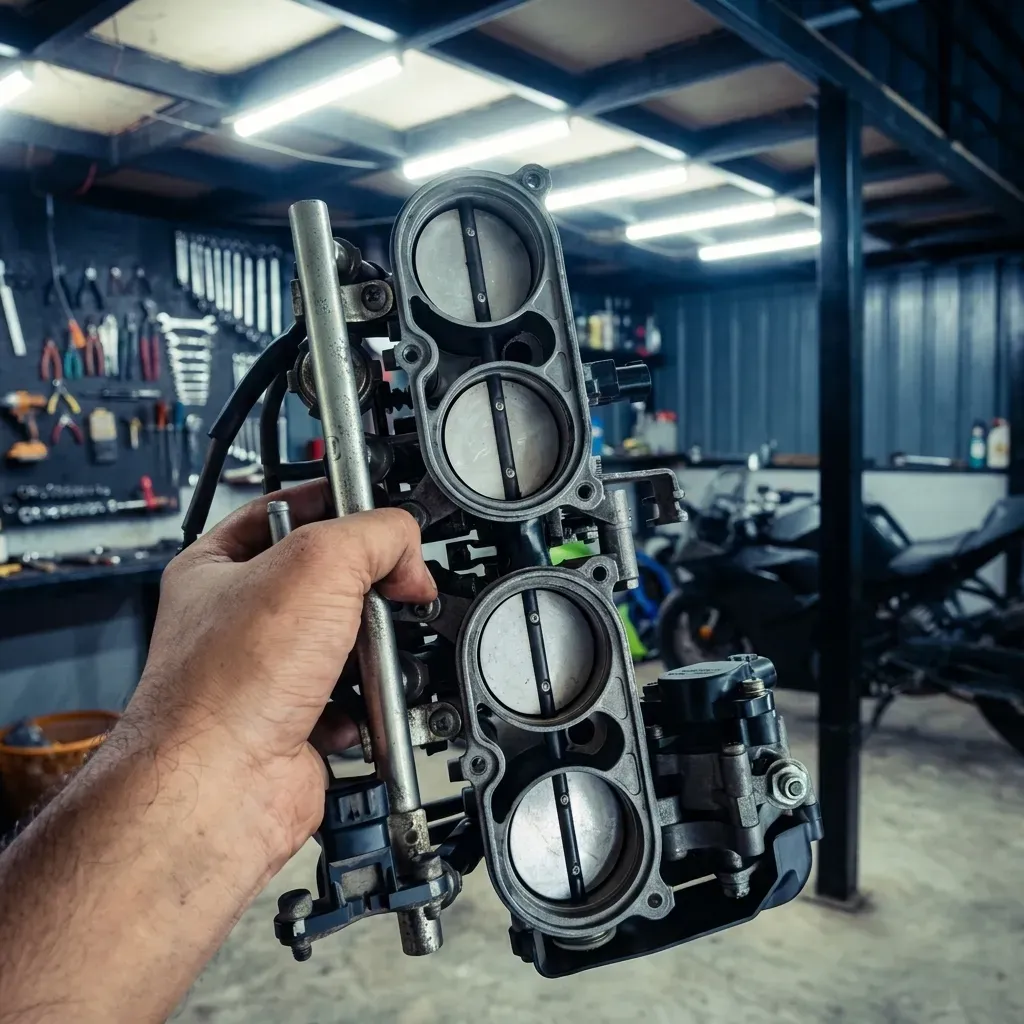 Technician inspecting a motorcycle brake area with a light