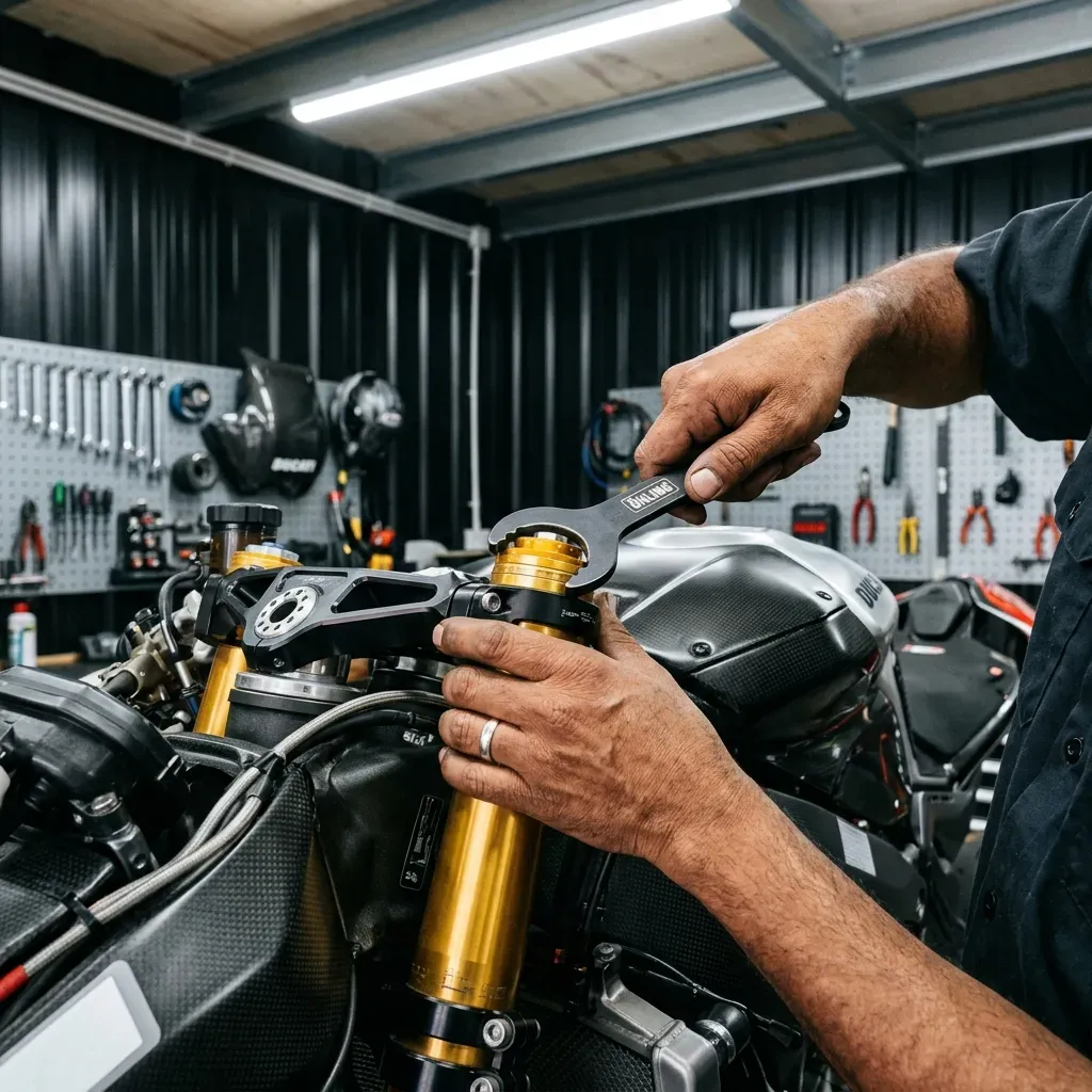 Sports motorcycle secured for dyno-supported performance work