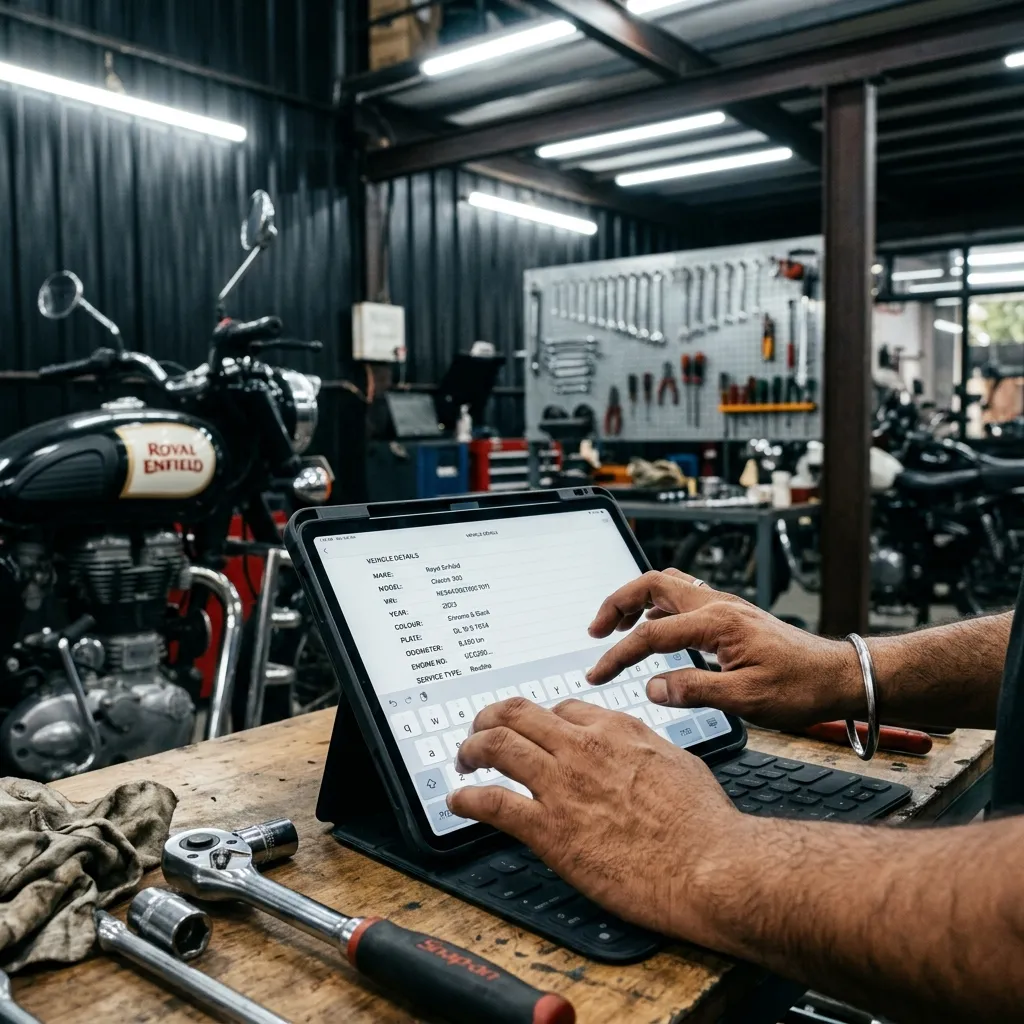 Mechanic typing motorcycle details on a digital tablet